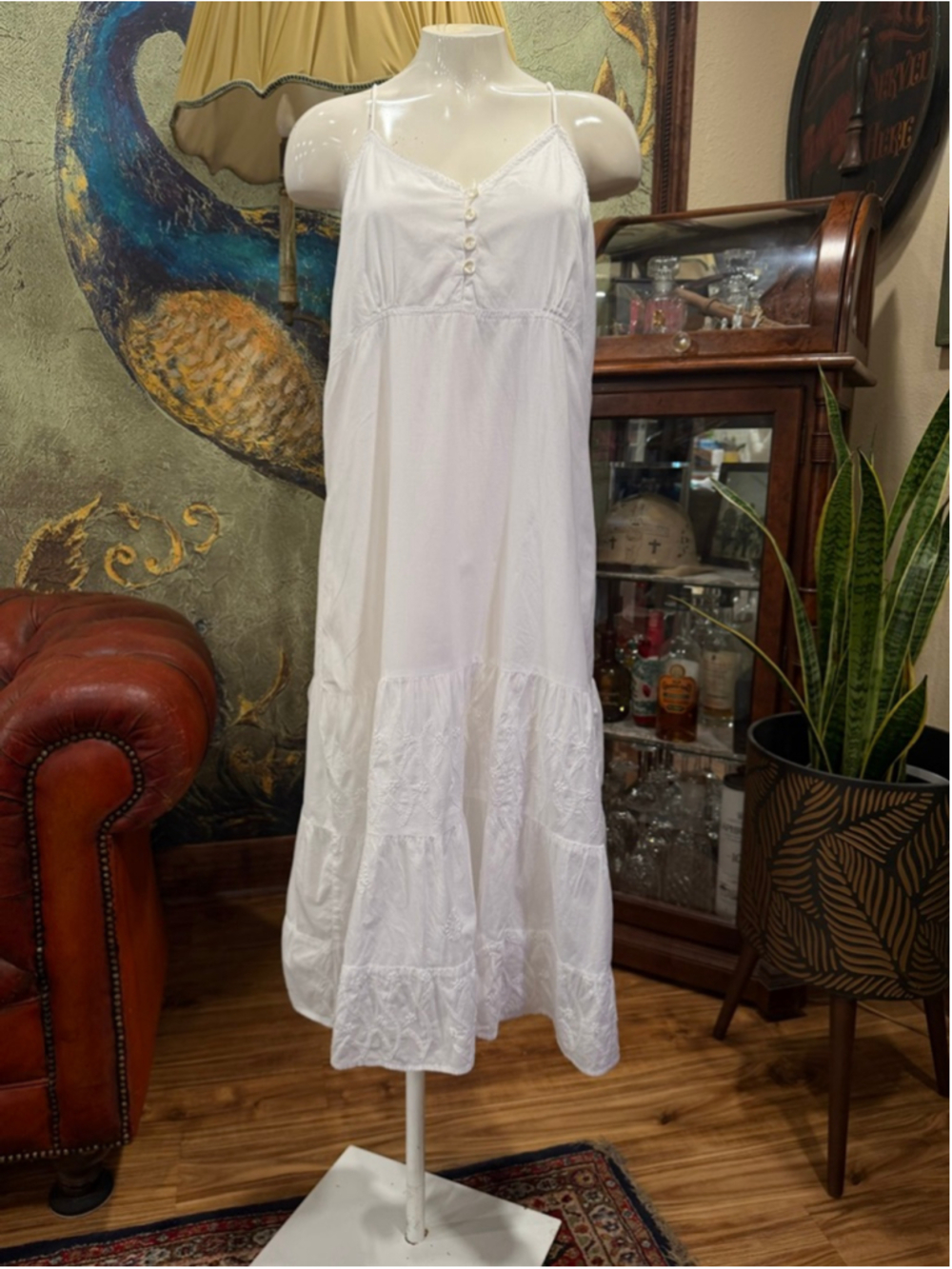 Karina-Highway White 100% Cotton Eyelet Tiered Midi Dress Resort Boho Medium - Picture 3 of 13